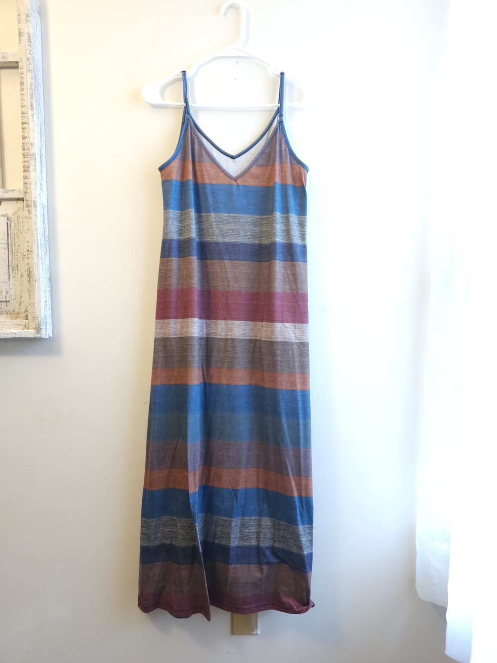 SHEIN Striped V-Neck Spaghetti Strap Maxi Dress in Blue, Brown, Pink